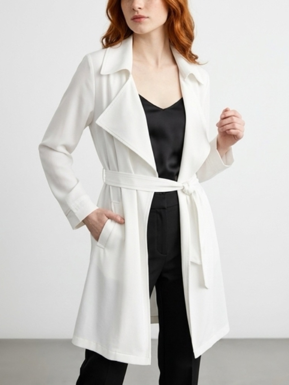 IMAN White Draped Midi Tie-Waist Dress